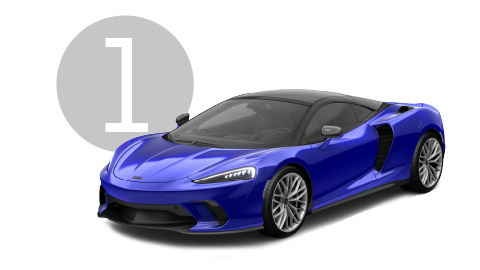 Blue McLaren GTS Exterior Front in Studio with Step 1 Background