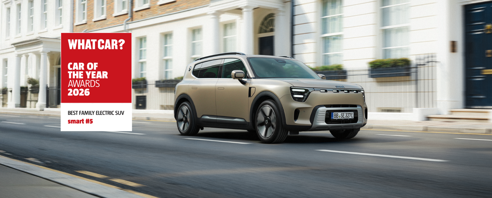 smart #5 Vehicle on Residential Road with What Car Graphic on Left