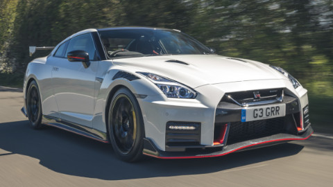 White Nissan GT-R NISMO Exterior Front Driving
