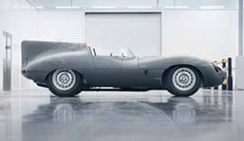 Side view of the grey Jaguar D-Type.
