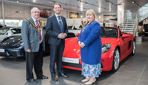 Mayor of Wolverhampton visiting Stratstone Porsche showroom.
